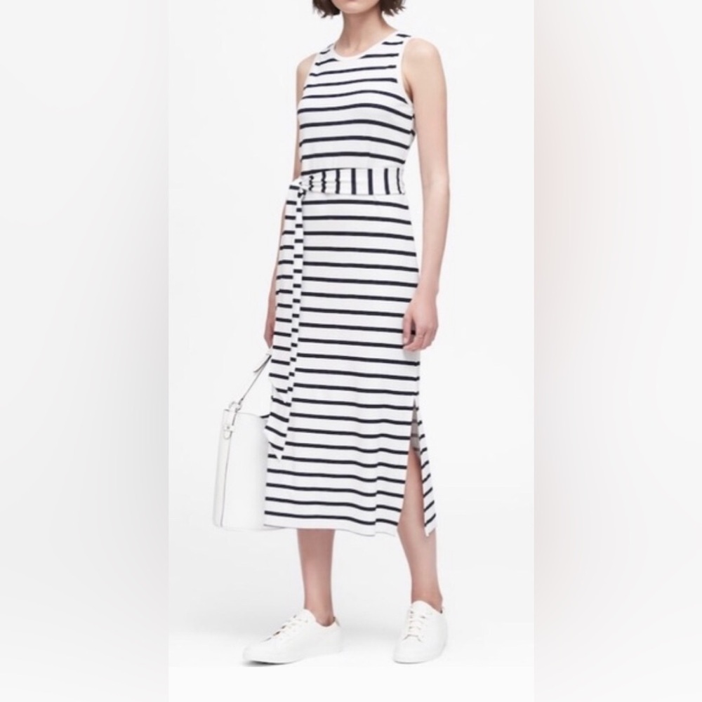 Banana Republic Black White Striped Soft Ponte Belted Sleeveless Midi Dress S